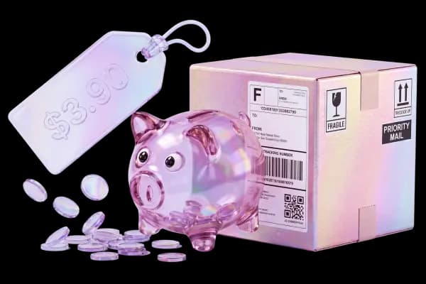 Iridescent piggy bank with $3.90 price tag beside a shipping box